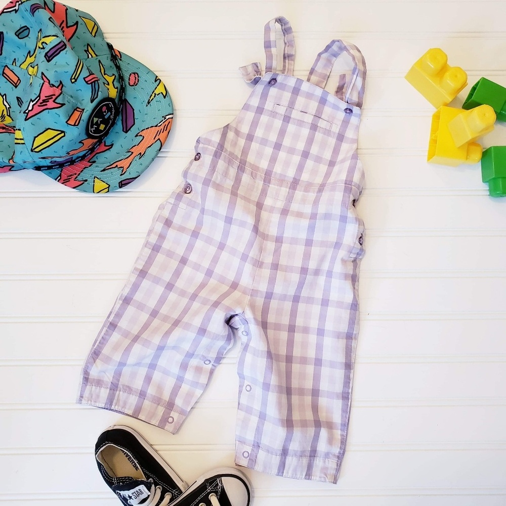 Baby GAP 6-12 Mos Purple & White Gingham Overalls